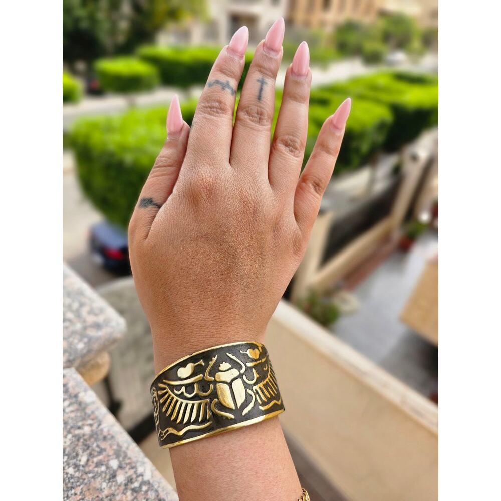 Winged Scarab & Lotus Bangle – Handmade Egyptian Brass Cuff for Good Luck